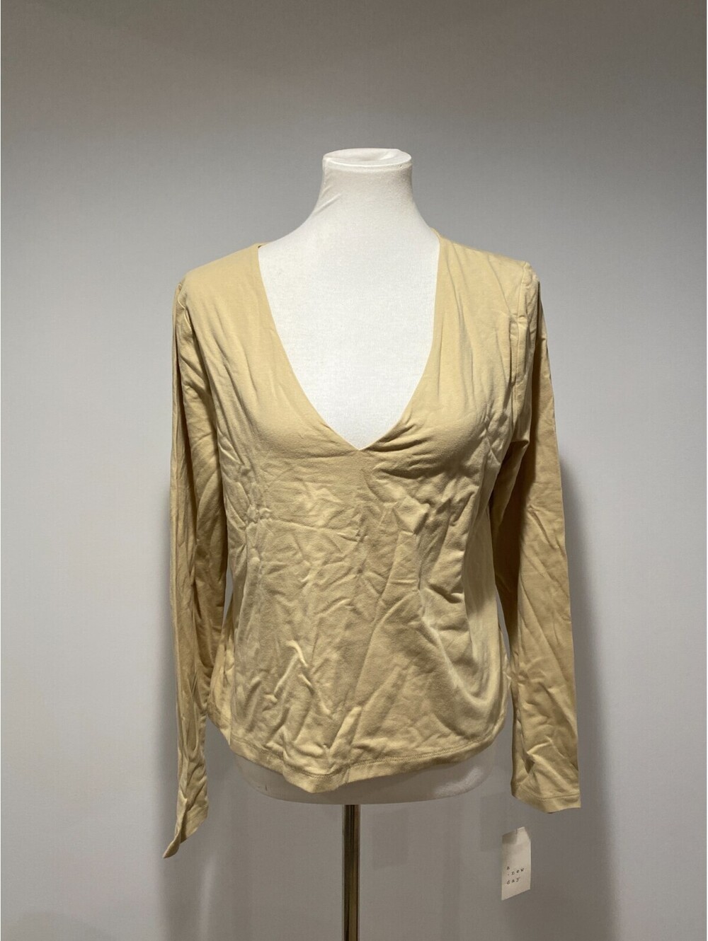 A New Day Long Sleeve Women's Low Cut V-Neck T-Shirt Beige Large